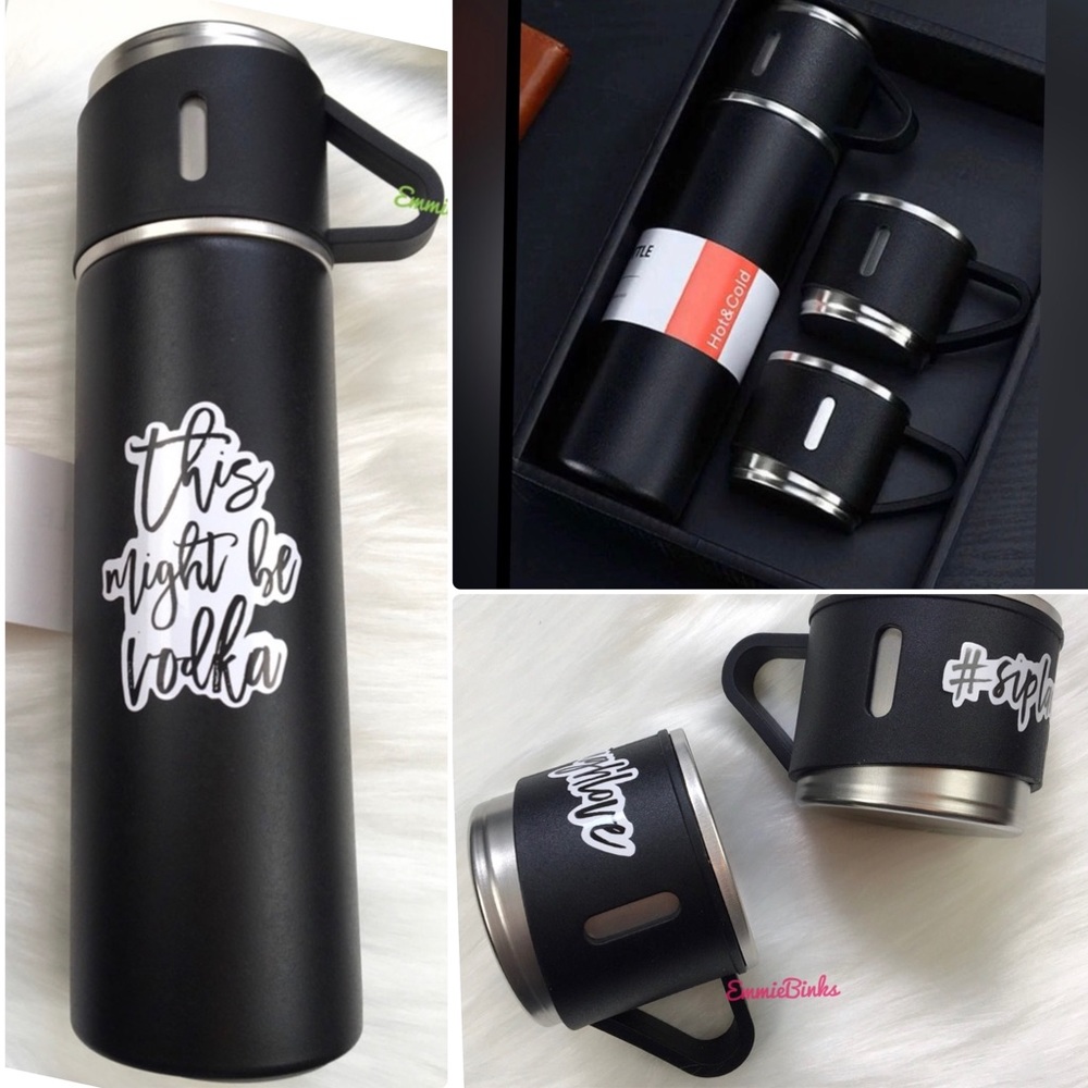 New Custom This Might Be Vodka 3 Piece Stainless Steel Flask Set / Travel Cup